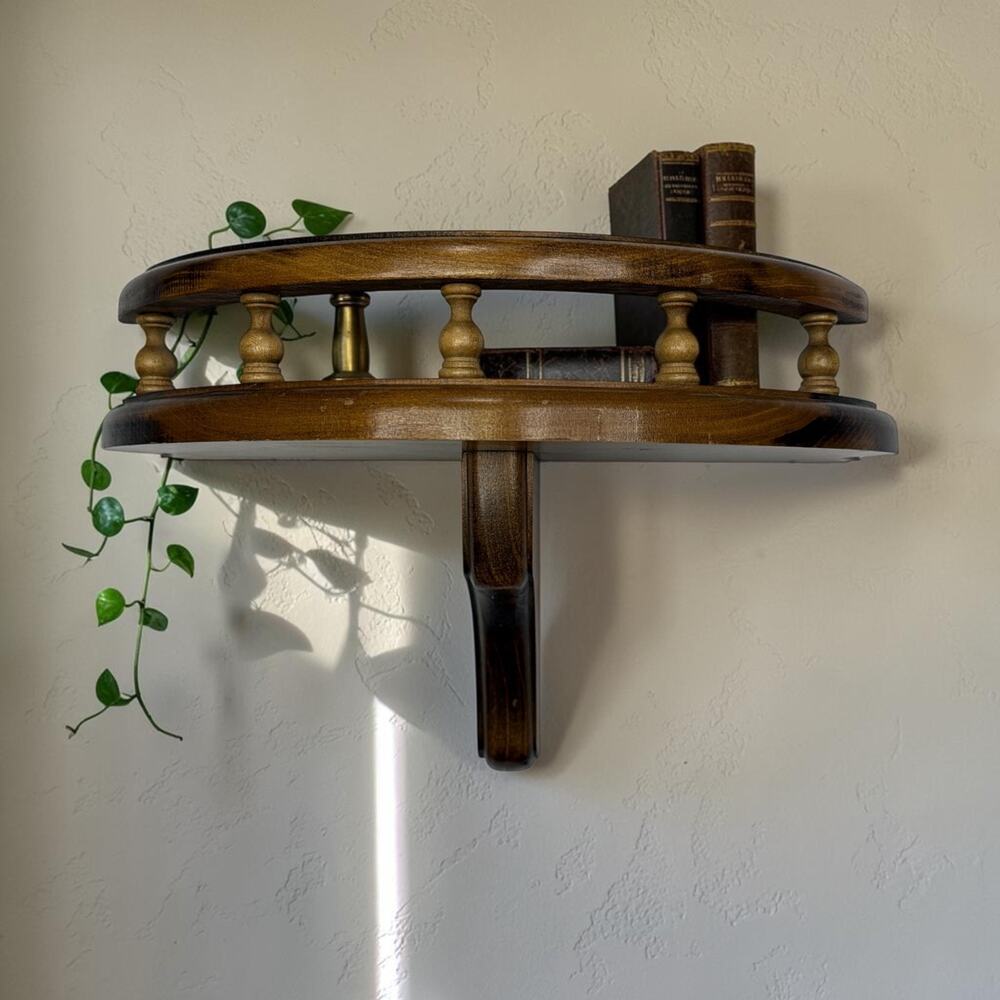 Vintage Mid-Century Wooden Demi-Lune Wall Shelf Spindle Gallery Rail